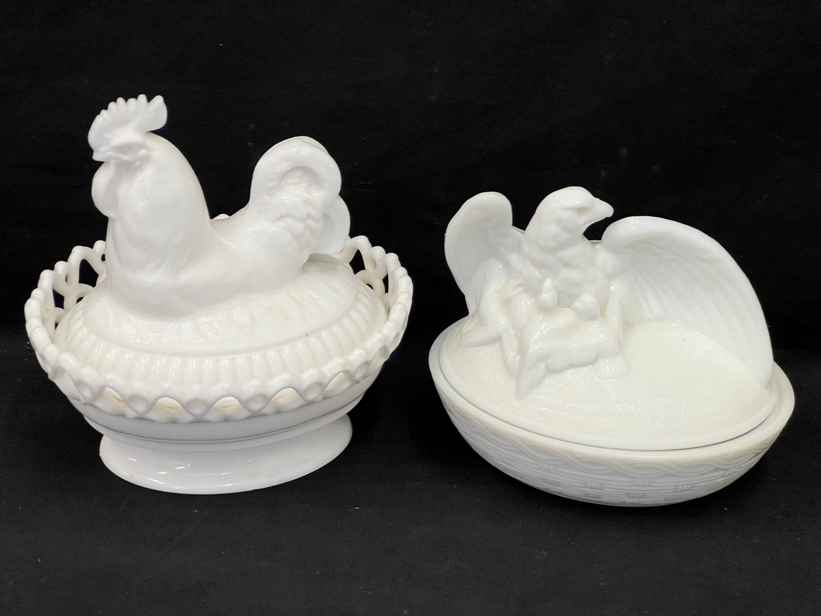 Vintage Rooster + Eagle Milk Glass Covered Dishes - (1)West Moreland Eagle w/ Babies 7'' x 5.5'' x (1 of 5)