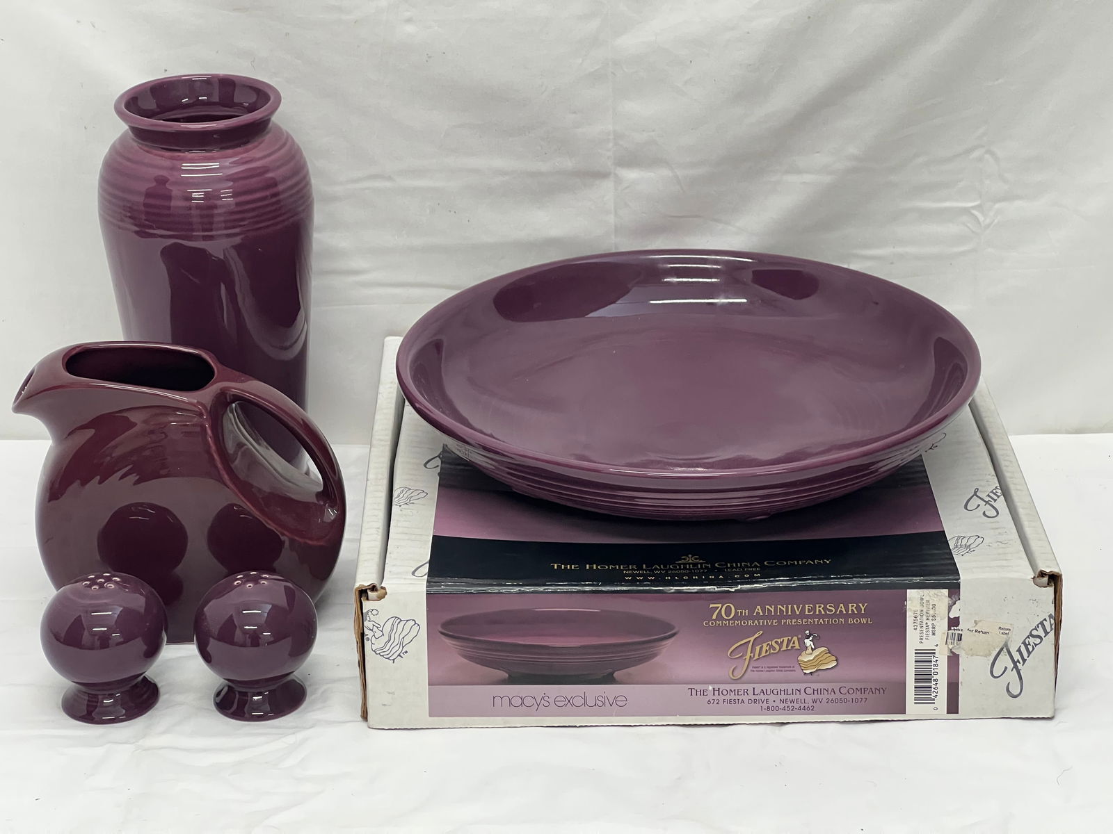Asst Fiesta Ware, Disk Pitcher,Vase, Bowl, S&P - 70th Anniv. Presentation Bowl Heather Color w/ Box (1 of 8)