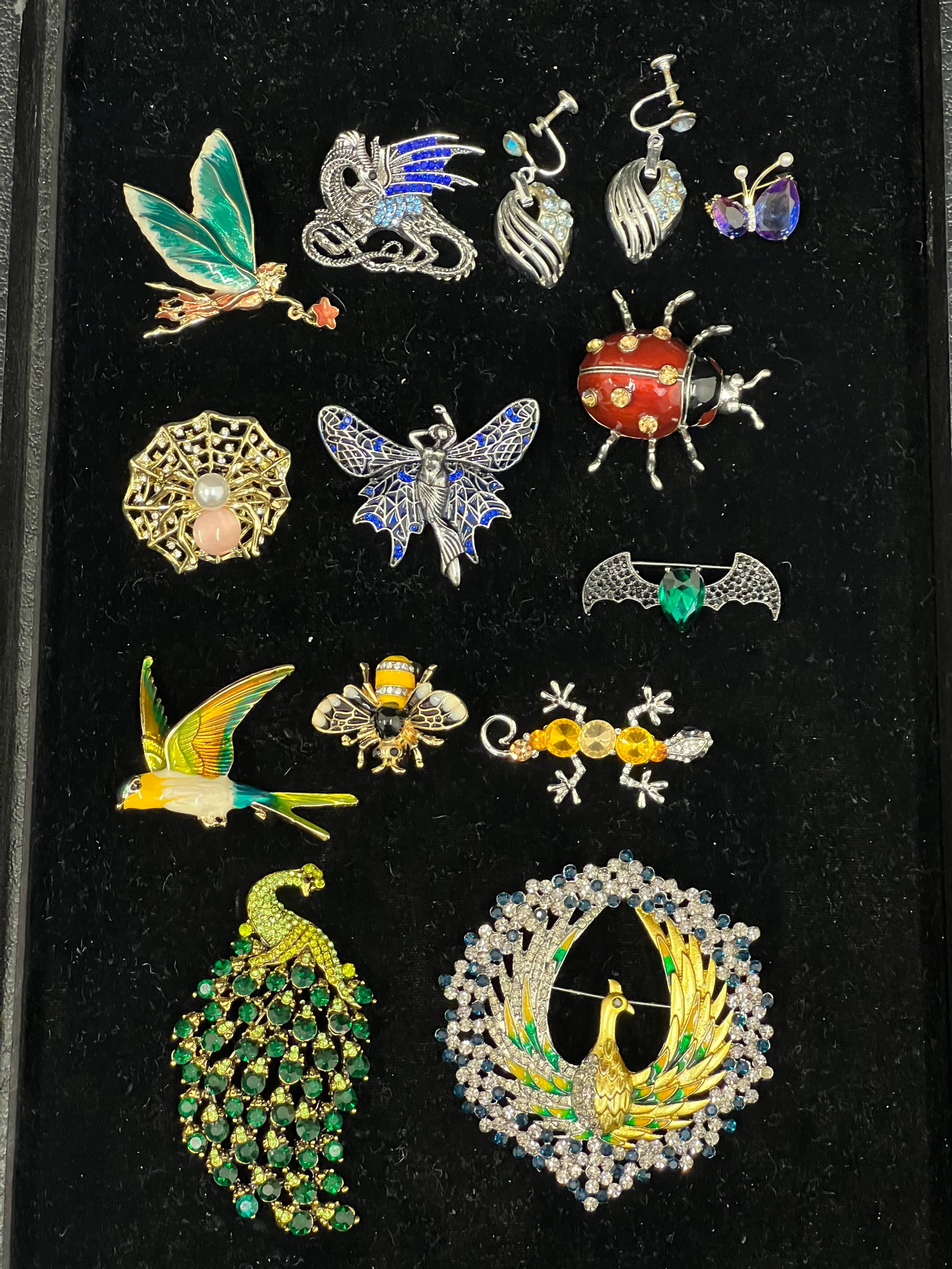 13pcs Jewelry - Rhinestone Brooches, Pins - Bumblebee Pin, Lizard, Spider, Lady Bug, Peacocks,: 13pcs Jewelry - Rhinestone Brooches, Pins - Bumblebee Pin, Lizard, Spider, Lady Bug, Peacocks, Dragon, Fairy, Butterfly, Brooches / Pins, Pr Earrings