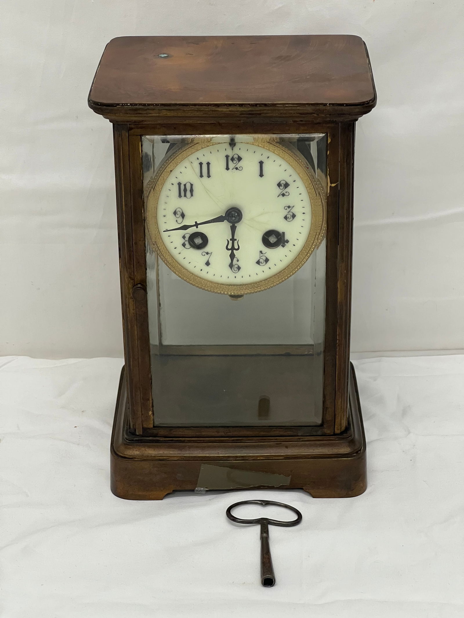 Japy Freres French Brass Mantle Clock w/ Key - 5.5'' x 4.5'' x 8.75'' (Inspect Side Glass, Needs (1 of 9)