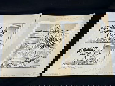 (2)Eldon Pletcher Original Sunday Cartoons Comic Drafts
