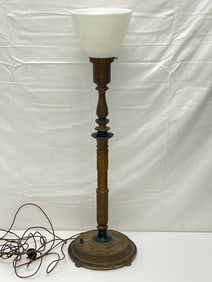 Atq The Miller Co Brass Torchiere Lamp - Milkglass Shade, Brass w/ Ebony Tone Accents - 26.25''T w/