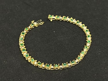 Heavy 14K Gold Emerald Diamond Bracelet 7''L, TW 8.95g - From Bay Area San Francisco Wholesale