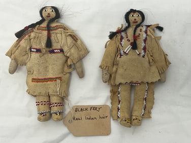 Pr Vtg Native American Dolls- Leather / Linen w/ Hair - Made of Leather & Linen w/ Beads + Real Hair