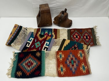 Vintage Mexico Wood Stirups, 7 Panel Textile - Handwoven textile 7.75'' x 9.25''