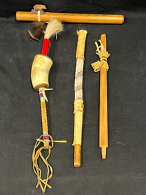 (4)American Indian Items-Pipe Stems, Iroquis Rattle,More - Navajo Flute, (2)Pipe Stems - 1 Has Bead
