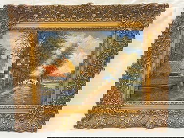 Oil on Canvas Pastoral Landscape in Ornate Frame - No Signature , Could be under Frame - Framed 19''
