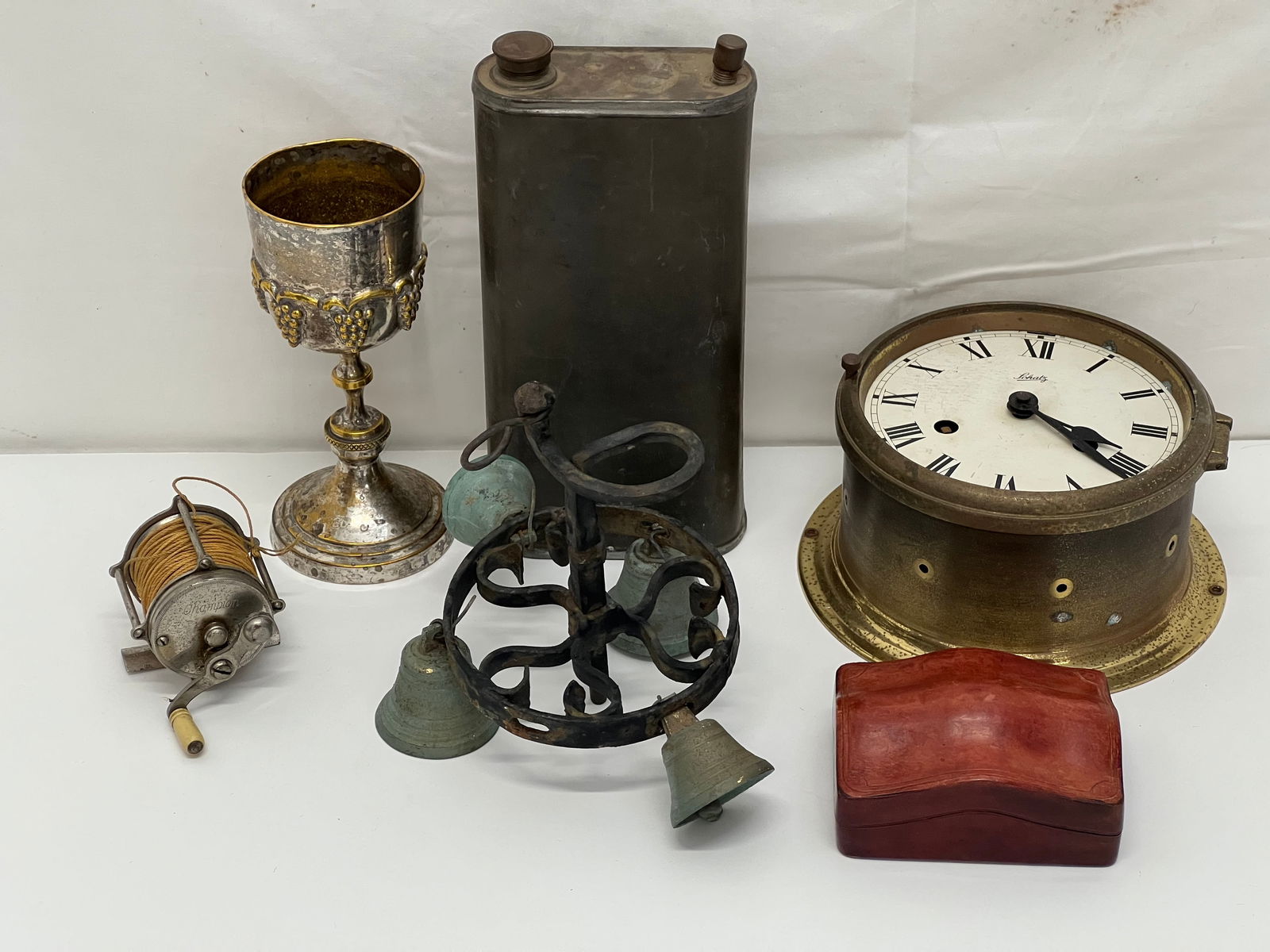 Asst- Schatz Port Hole Clock, Reel,Goblet,More - Vintage Metal Canteen / Oil Iron  + Bells, Wooden (1 of 7)