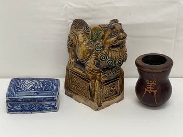 Atq Chinese Porcelain Box, Foo Incense,Wood Item - Handpainted Architectural Wooden Item, Incense