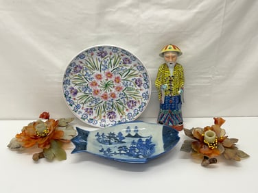 Asst Chinese- Stone Candleholder, Figure, Plates - Pr Stone Candleholders, Porcelain 10.5''T Figure,