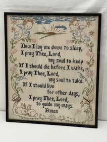 Vintage Embroidered Bedtime Prayer on Linen - Framed 15'' x 17.75''