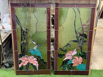 Pr Vintage Stained Glass Panels Floral Design - 23'' x 46'' (Great Condition - Pick Up or Arrange: Pr Vintage Stained Glass Panels Floral Design - 23'' x 46'' (Great Condition - Pick Up or Arrange Own Shipping)