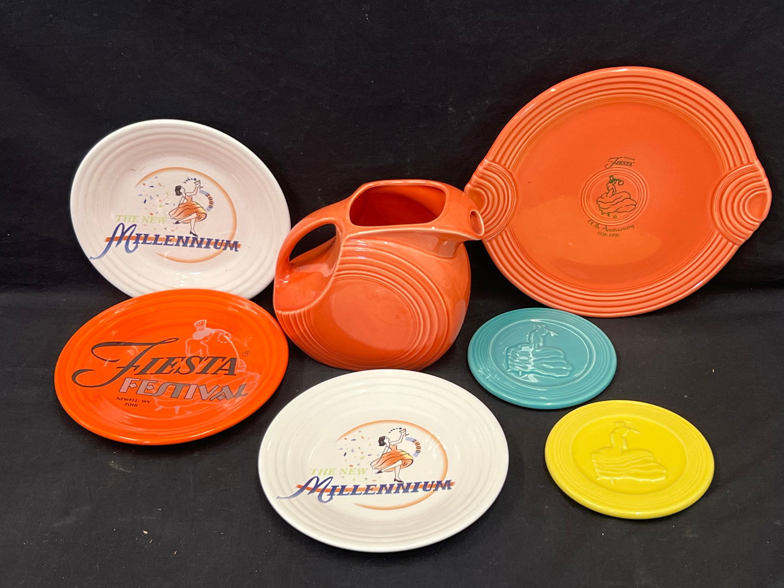 7pcs Fiesta ware Dancing Lady Pottery - 60th Anniv. Cake Platter + Disk Water Pitcher, (2)Trivits, (1 of 13)