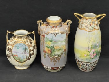 (3)Handpainted Nippon Handled Vases - Country Pictorial Scenes - Various Sizes - 12''T , 11.5''T,