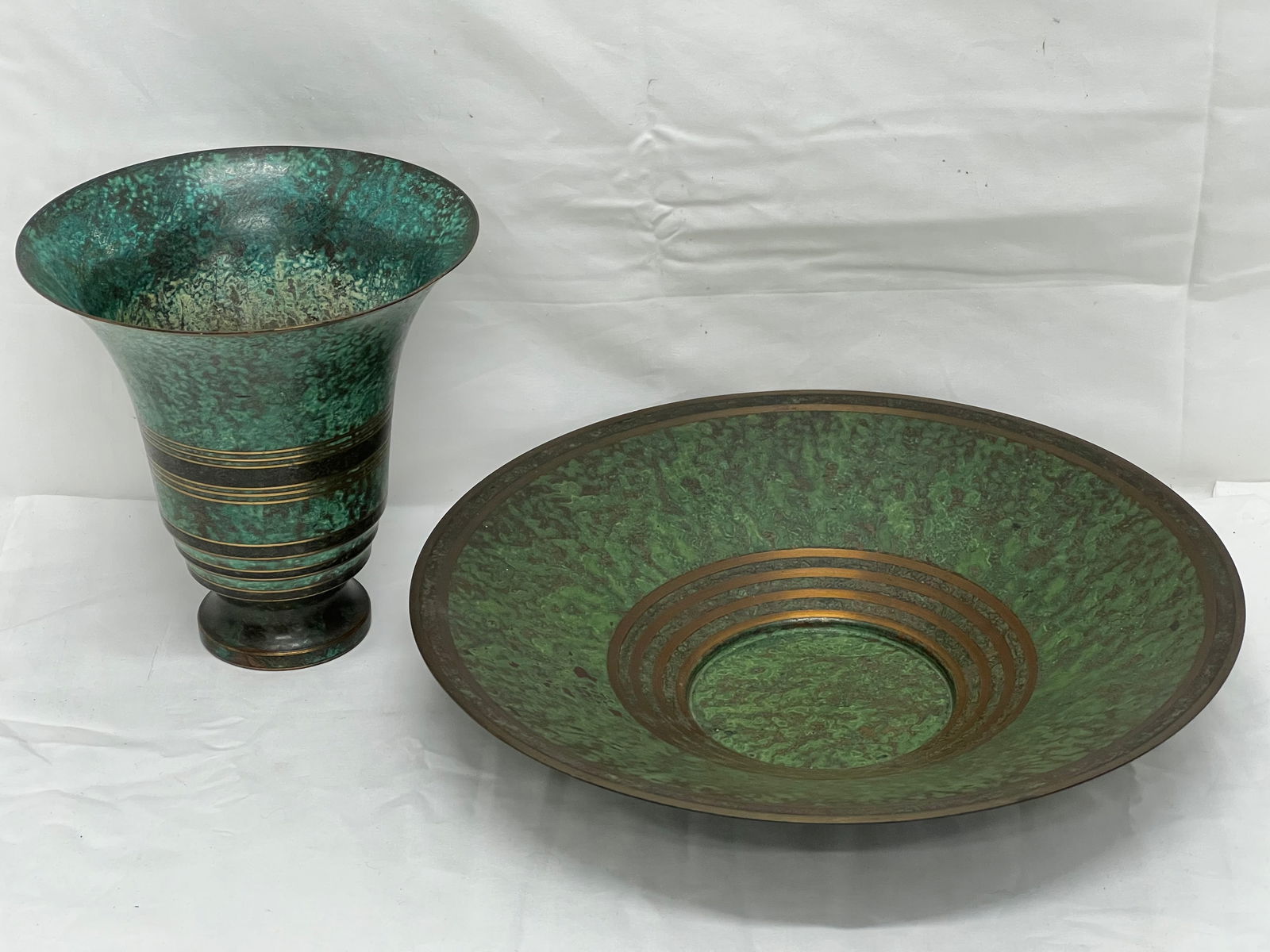 (2)Carl Sorensen Deco Bronze Vase & Bowl - Ca. 1920s-30s Trumpet Vase w/ Variated Patina 6.5'' x: (2)Carl Sorensen Deco Bronze Vase & Bowl - Ca. 1920s-30s Trumpet Vase w/ Variated Patina 6.5'' x 6.5'' + Bowl 11.5'' x 2.5'' - Both Hallmarked