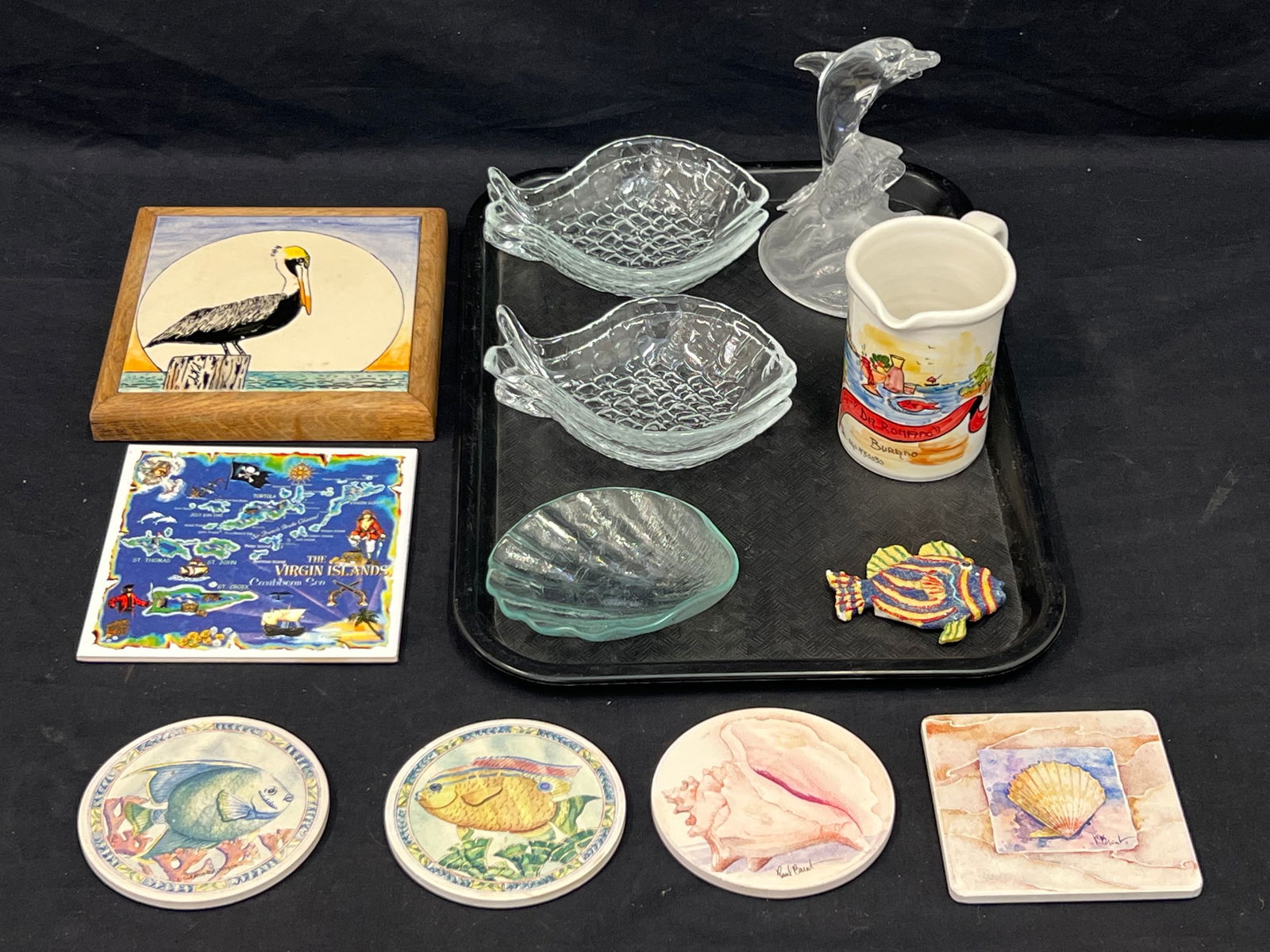 Asst Ocean Themed + Fish Items - Shell + Fish Trays, Pelican Tile, Stone Fish Coasters, Signed (1 of 9)