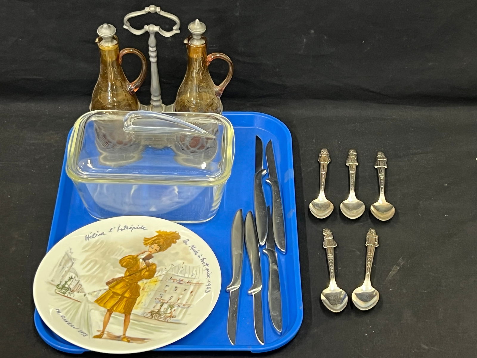 Amber Glass Cruet, Pyrex, Flatware, Limoges - Asst Silverplated Flatware, French Limoges Plate, (1 of 8)
