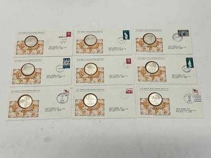 (9)Sterling Ltd Ed. Great Explorer Medals w/ COAs - Engraved Sterling Limited Ed. - Official Issue: (9)Sterling Ltd Ed. Great Explorer Medals w/ COAs - Engraved Sterling Limited Ed. - Official Issue of the International Geographic Union - Approx. 25.49g Each - #41 to 49 w/ COAs Envelopes