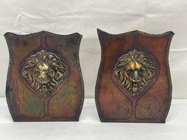 Pr Copper Bookends w/ Lion Heads 5'' x 3'' x 6''