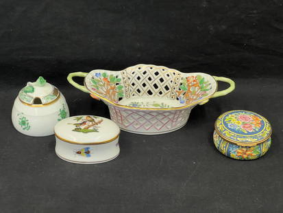 Herend + Halcyon Porcelain Items - (1)Halcyon Blue Floral Trinket Box, Herend Trinket Box, Herend: Herend + Halcyon Porcelain Items - (1)Halcyon Blue Floral Trinket Box, Herend Trinket Box, Herend Mustard + Pierced Basket