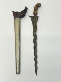 Indonesian Kris Dagger w/ Scabbard - Overall 18''L, Blade 14.5''L - (Scabbard has damage, See