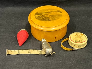 Antique Sewing- Pig & Carlson Currier Tapes, Wood Brooks Box - Carlson & Currier Co Silks Tape