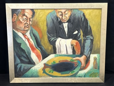 David Fleming Original Acrylic on Canvas, Signed - Modernist Artist, Titled ''Blackend Fish Dinner''