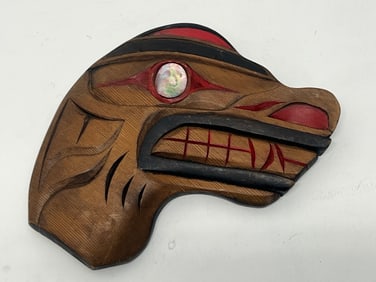 NorthWest Coast Haida Carved Wood w/ Abalone - Handpainted & Carved 9'' x 9.5''