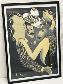 Signed Deco Style Oil on Canvas of Couple - Signed ''Luca Jam'' , Framed 21'' x 29''