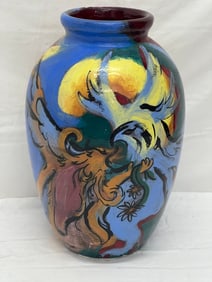 Signed Mattie Leeds ''Phoenix'' Vase 13.5''T - Handpainted & Signed