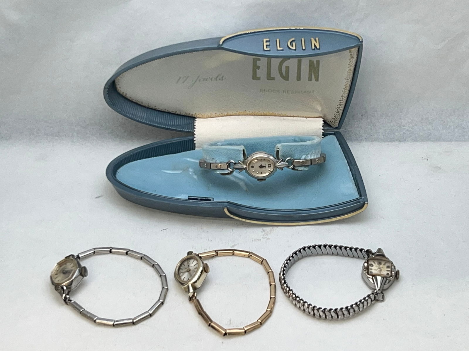 (4)Vintage Ladies Watches - 1 is 14K Gold Case - Elgin Hallmarked ''M 14K'' w/ Heart Band Marked GF (1 of 10)