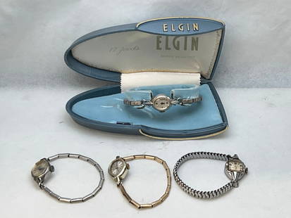 (4)Vintage Ladies Watches - 1 is 14K Gold Case - Elgin Hallmarked ''M 14K'' w/ Heart Band Marked GF: (4)Vintage Ladies Watches - 1 is 14K Gold Case - Elgin Hallmarked ''M 14K'' w/ Heart Band Marked GF Tops 1/20 14K - Timex, Orvin, Sovereign Watches