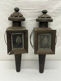 Pr Vintage Brass Outdoor Coach / Buggy Lights - Brass & Glass 16.5'' (See Photos for Condition)