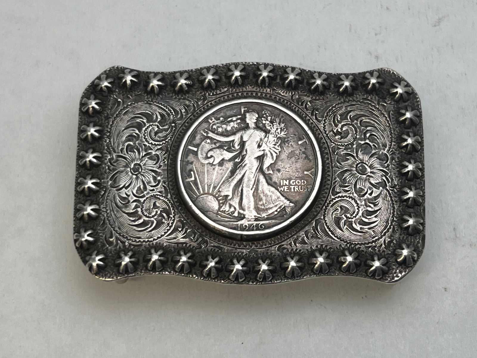 Diablo Mfg. Sterling Buckle w/ 1946 Walking Liberty - Hallmarked Diablo w/ 90% Silver Walking (1 of 3)