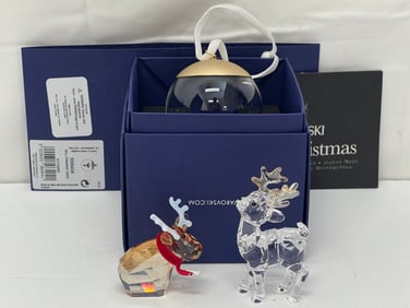 Swarovski Crystal Reindeer + Ornaments - Ornament w/ Angel w/ Box - (2)Reindeer - 1 Retired Amber
