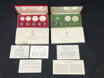 2 Coin Proof Sets w/ Sterling - Bahamas + Guyana - 1978 Commonwealth of the Bahamas 9 Coin Set w/ 2: 2 Coin Proof Sets w/ Sterling - Bahamas + Guyana - 1978 Commonwealth of the Bahamas 9 Coin Set w/ 2 & 5 Dollar Sterling, $1 + .50c .800 Fine Silver Coins - 1977 Coinage of Guyana 8 Coin Proof Set w/