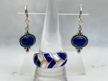 Sterling Lapis Earrings & Ring w/ M.O.P. Sz 8 -  'QT' Sterling Lapis 1.25''L Earrings + Ring w/