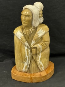 Signed Stone Native American Statue 8'' x 14.5'' w/ Base - Handcarved by Eldridge - Marble ? /