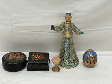 Russian Handpainted Laquer Boxes, Mockba Egg + Figure - (2)Signed Palekh Trinket Boxes, (1)Signed
