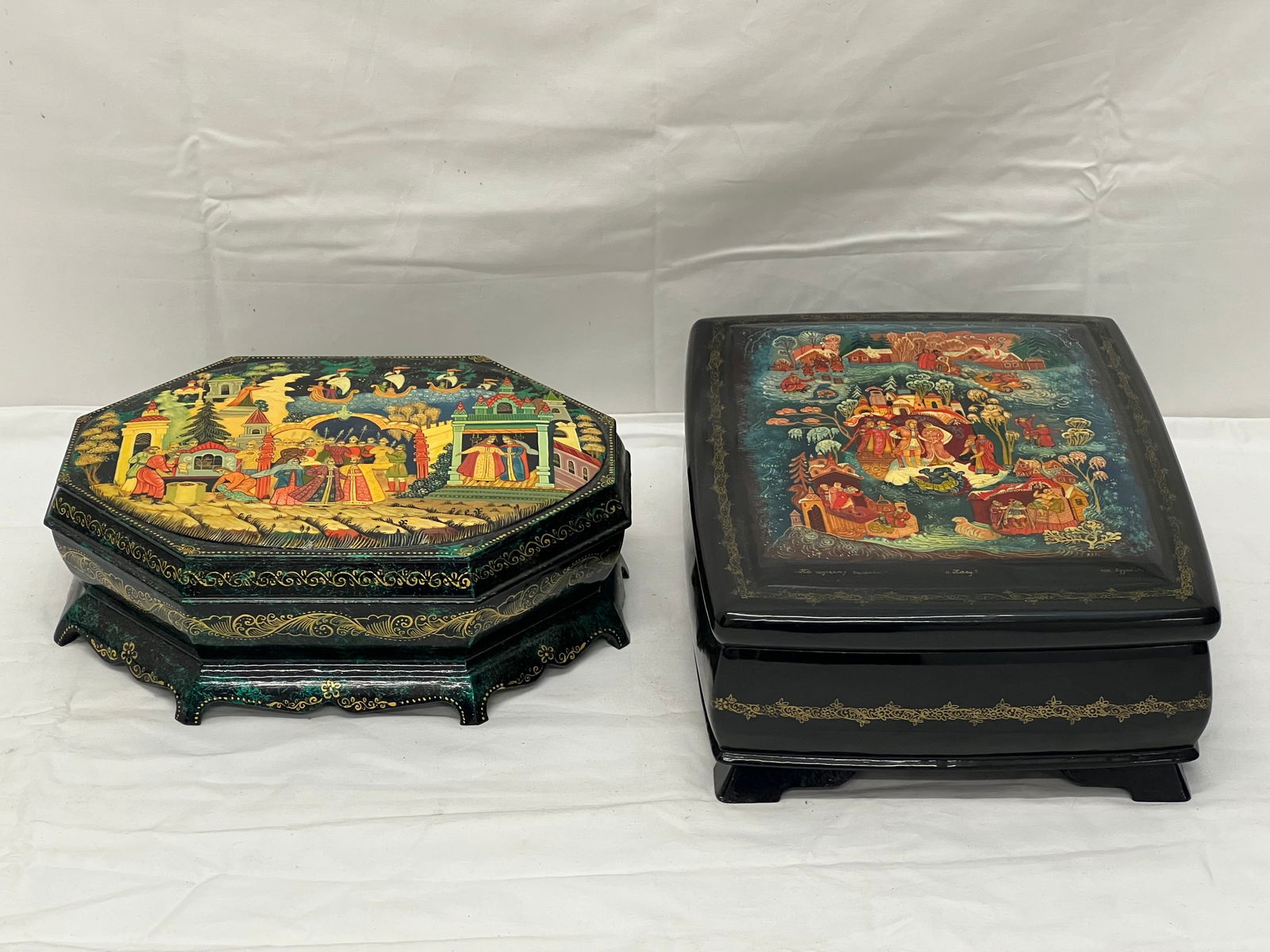 (2)Large Handpainted Palekh Russian Signed Lacquer Boxes- (1)Winter Scene Signed 10.5'' x 8'' x 4'' (1 of 6)