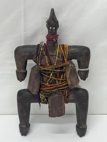 Namji People Fetish Doll from Cameroon -  Beaded w/ Leather Carved Wood 6'' x 11'' - From Prominent