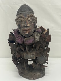 African Zaire Nkisi Fetish Sculpture Figure 7'' x 12.5'' - Carved Wood w/ Cloth & Metal -  From