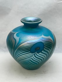 Lundberg Studios Peacock Feathers Vase 3.5'' x 4''T - Iridescent Bright Blue Colors Bud Vase