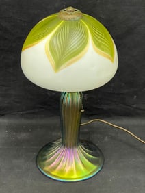Lundberg Studios Art Glass Pulled Feather Lamp 16''T - Iridescent Glass Base w/ Pulled Feather Shade
