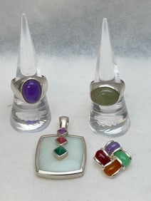 Sterling & Gemstone Rings , Pendants - Jadeite + Amethyst Sterling Rings Sz 7 + (2)Gemstone Pendants