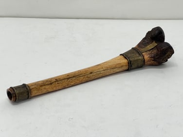 19thC Tibetan Kangling Thigh Bone Trumpet - Tibetan Bone Ritual Trumpet Horn w/ Metal 13''L