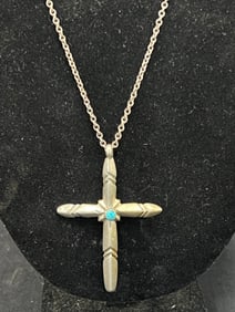 Sterling Cross Pendant w/ Turquoise on .835 Silver Chain - Sterling Cross 1.75'' x 2.5'' , .835