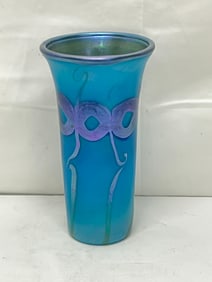 1970s Lundberg Studio Art Glass Vase 3.5'' x 6.5'' -  Iridescent Bright Blue Purple Green Colors