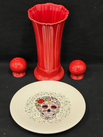 Fiesta Pottery Red Vase, S&P, Skull Plate - Vase 9.75''T , Salt & Pepper, Day of Dead Lunch Plate