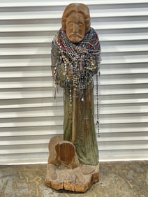 Large Carved Wood Santos w/ Asst Rosary Necklaces - 3'9'' Santos w/ Vintage Rosary Beads Crosses -